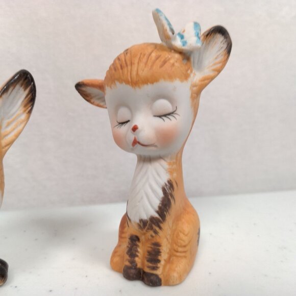 Vintage Deer Figurine Pair Anthropromorphic Bisque Porcelain Kitschy Butterfly - Picture 4 of 16